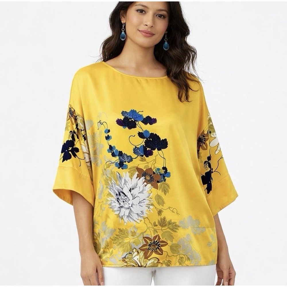 Soft Surroundings Gold Tahitian Floral Satin Kimono Sleeve Top Blouse 2X Relaxed - Picture 3 of 15